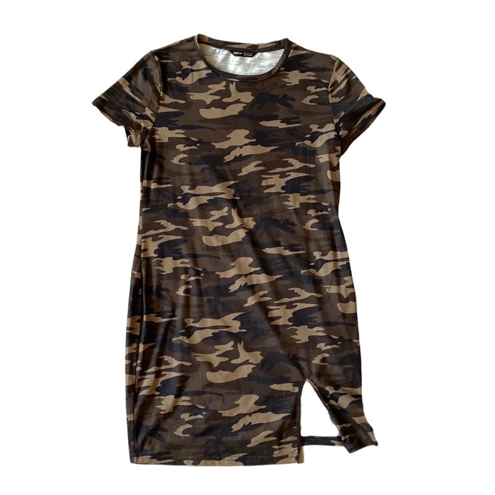 SHEIN Camo Dress Mini MIDI Bodycon Green Summer Short Sleeves Slit Skirt XL